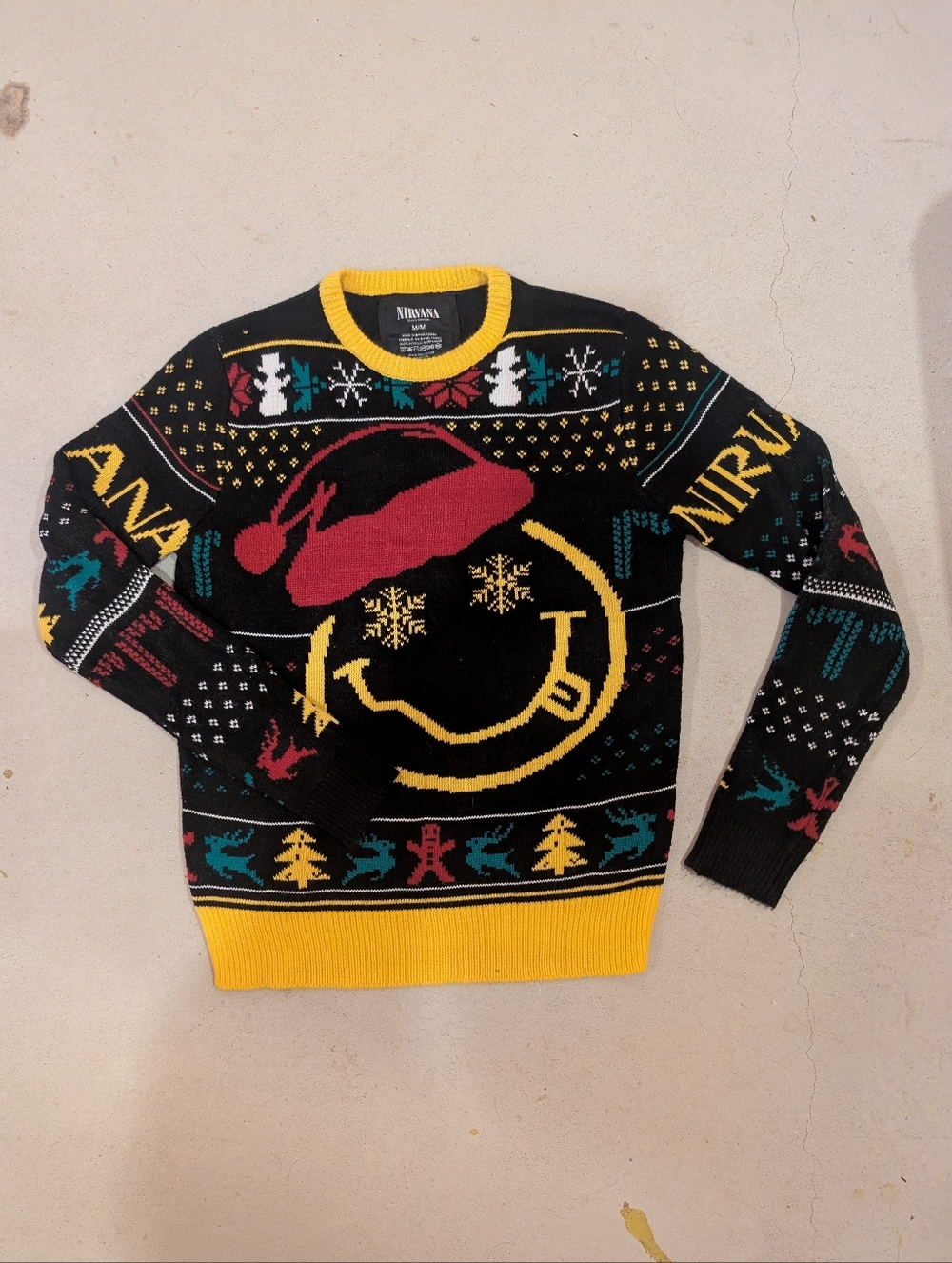 NIRVANA Black Crewneck Sweater with Yellow Trim and Red Graphic